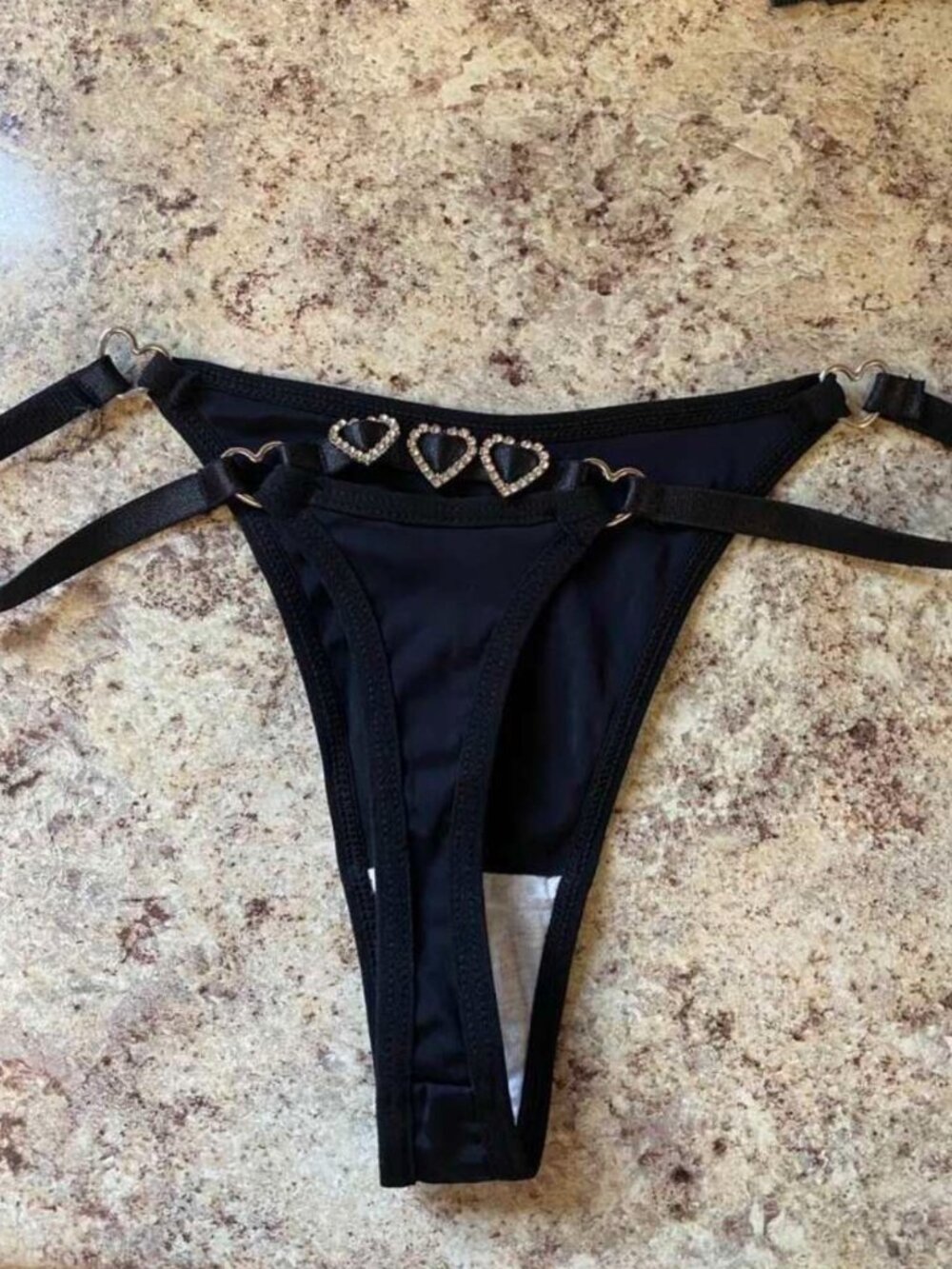Sexy metal heart decorated black thong, sizes S, M, L